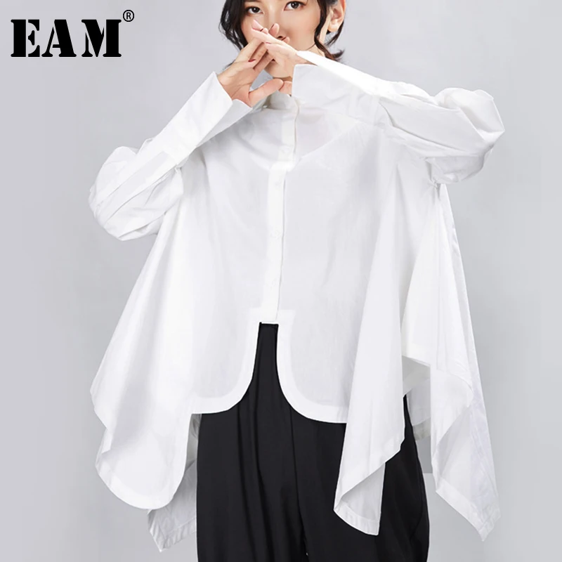

[EAM] Women Pleated Big Size Irregular Blouse New Lapel Long Sleeve Loose Fit Shirt Fashion Tide Spring Autumn 2019 1A332