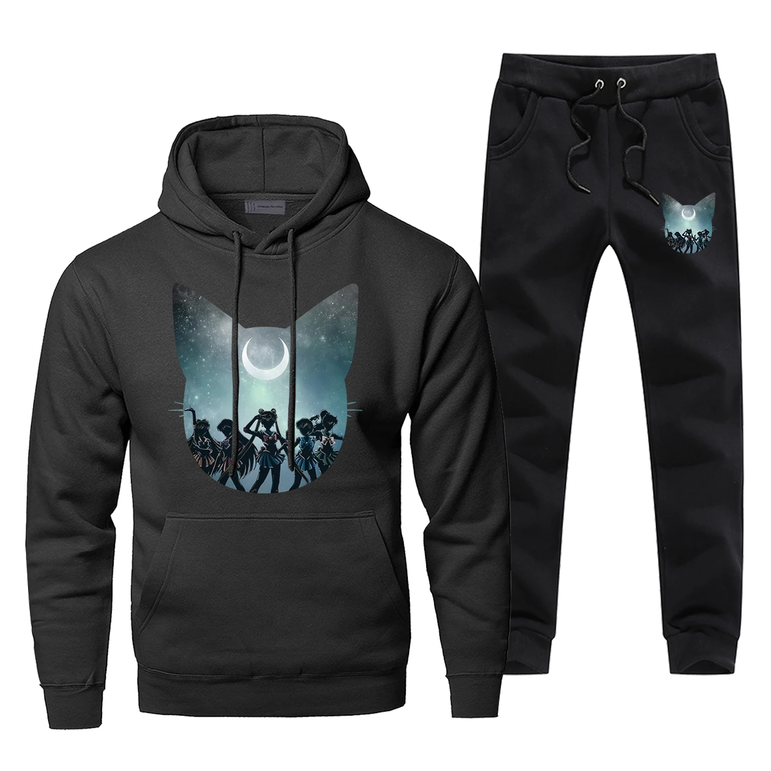 Сейлор Мун принт полный Человек спортивный костюм для мужчин японского аниме наборы теплые модные штаны толстовка флис Harajuku спортивная одежда - Цвет: Black