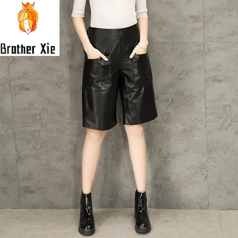 

Women Sheepskin Short Pants 2020 Spring New Korean Loose Fit High Waist Knee Length Real Leather Short Trousers Ladies Casual