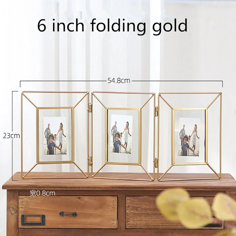 6 inch folding gold Геометрическая металлическая Стеклянная фоторамка Складная Вращающаяся стерео комбинированная стеклянная рамка настольные украшения свадебное украшение для дома - Цвет: 6 inch folding gold
