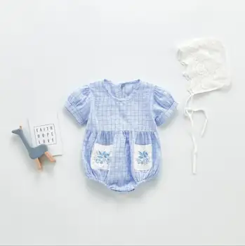 

2020 New Style Babys Girls Plaid Romper With Hat Summer Cotton Babys Jumpsuit 6-24 Month QH494