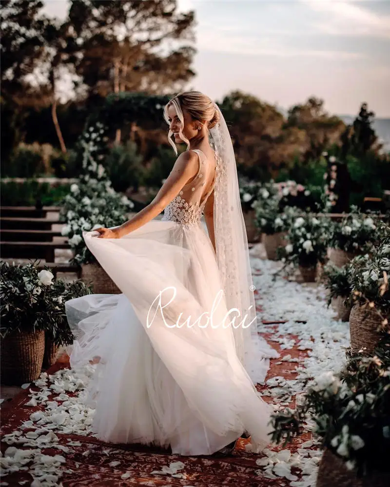 Boho свадебное платье 2019 А-силуэт Без бретелек Сердечко Кристалл Аппликации свадебное платье Шлейф Vestido de Noiva Longo