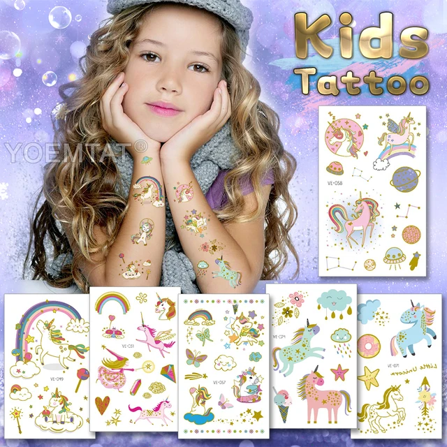 Tatouage temporaire en métal doré pour enfants, licorne arc-en-ciel, autocollant étanche, nuages, Art corporel, peinture faciale, faux tatouage 1