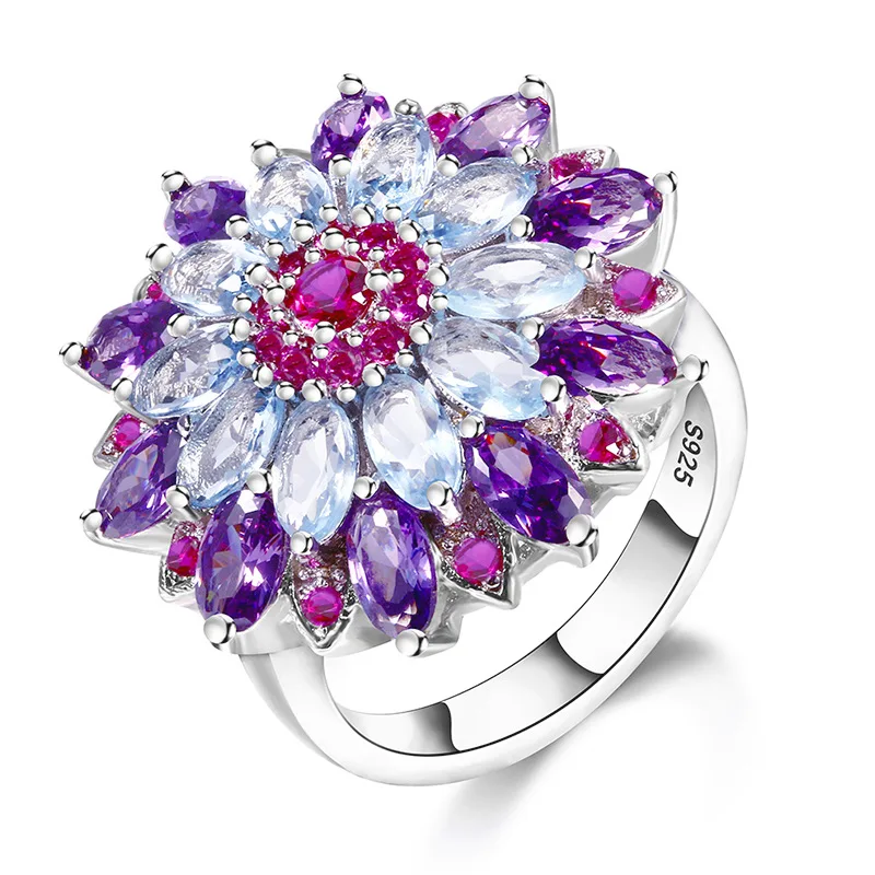 Фиолетовый Bague Ringen серебро 925 ювелирные изделия разноцветные драгоценные камни Кольцо для женщин большой цветок Аквамарин Аметист женские вечерние кольца для свиданий - Цвет камня: Фиолетовый