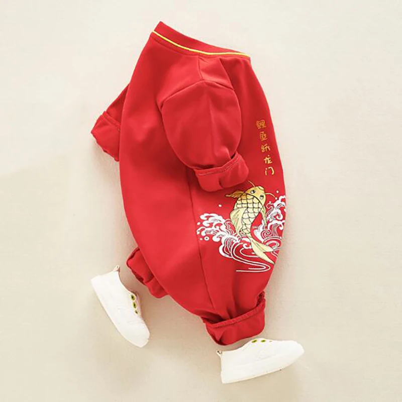 Детские Рождественские Ползунки; комбинезоны для новорожденных; одежда в китайском стиле с длинными рукавами; красная одежда из хлопка; YZM010