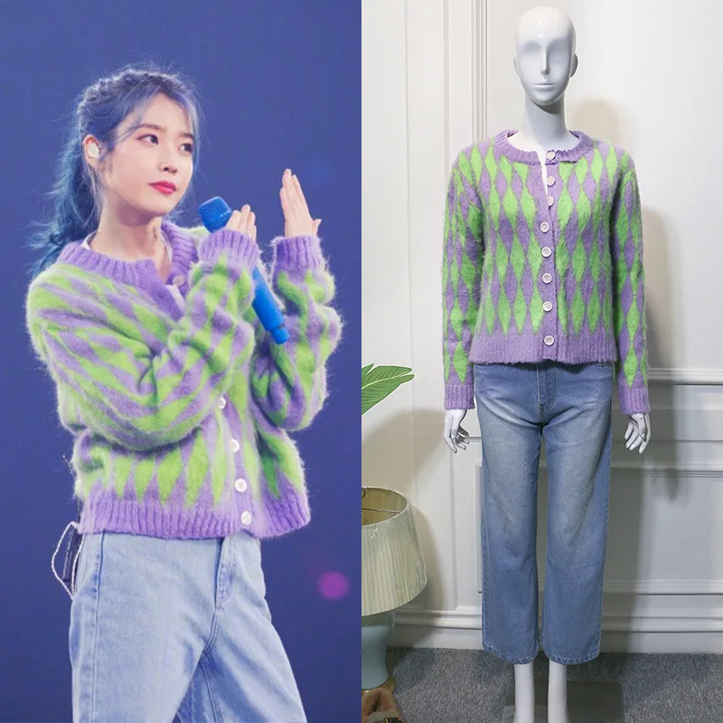 2020 Purple Green Rhombus Mohair Cardigan Sweater Women Knitted Sweater Korean Lazy Wind Sweater Women 2020 Purple Green Rhombus Mohair Cardigan Sweater Women Knitted Sweater Korean Lazy Wind Sweater Women