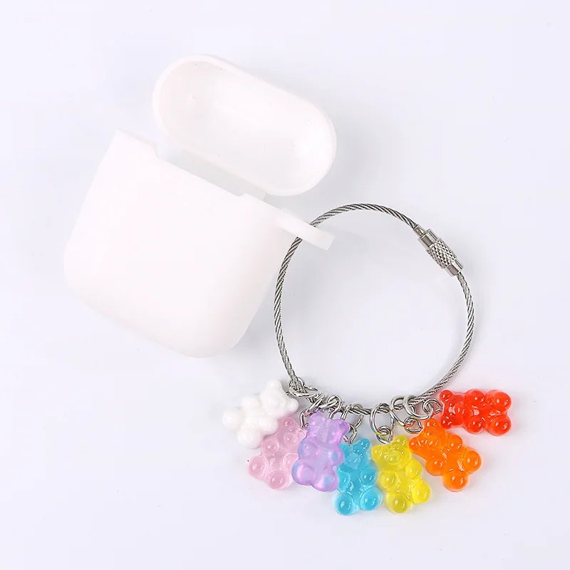 

1PC Resin Gummy Bear Keychain Stainless Steel Colorful Candy Color Animal Earphone Cover Pendant Charms Resin Keyring Girl Gift