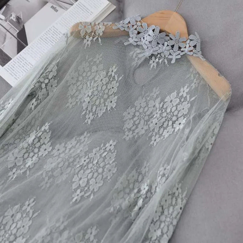Gray Womens Long Flare Sleeve Sheer Mesh Blouse Hollow Out Embroidered Floral Lace Shirt Swimsuit Cover Up Ruffle Neck Solid Color - Цвет: Gray