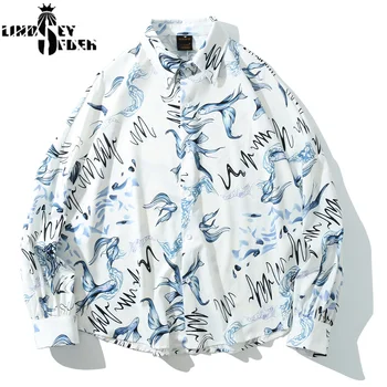 

Lindsey Seader White Flying Fish Designer Long Sleeve Shirts Streetwear Mens Dress Hip Hop Casual Holiday Shirt Top Fashion