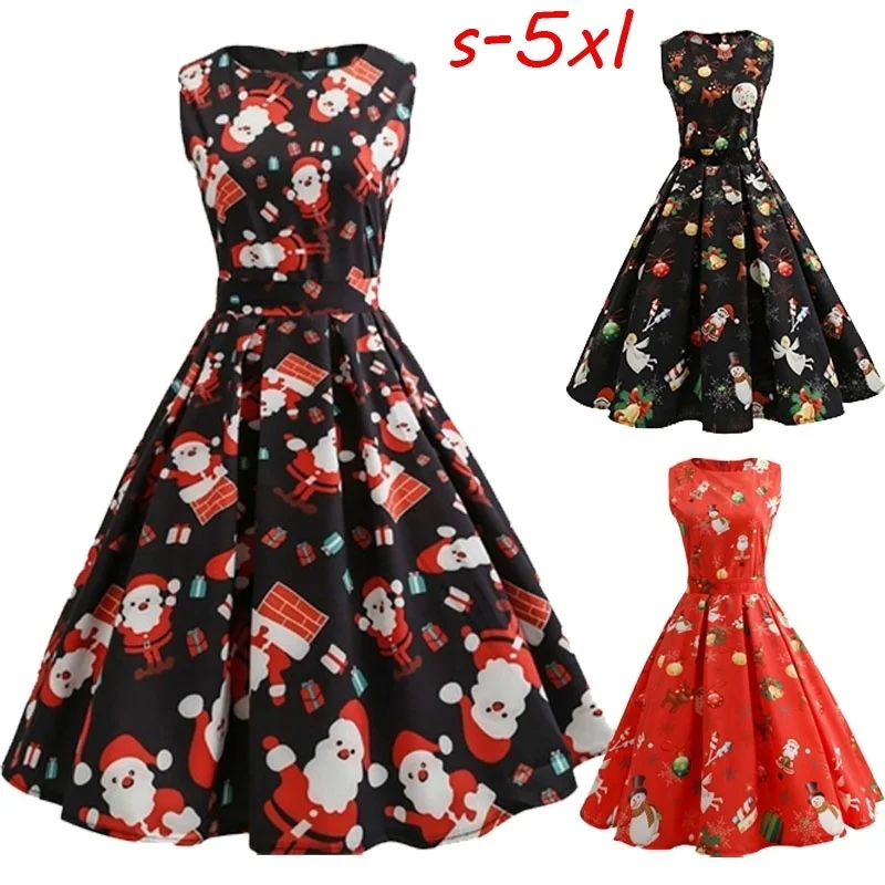 

FEECOLOR 1PCS Vintage Christmas Dress Confidanilin Christmas Pattern Print Slim Waist Big Flared Hem Dress