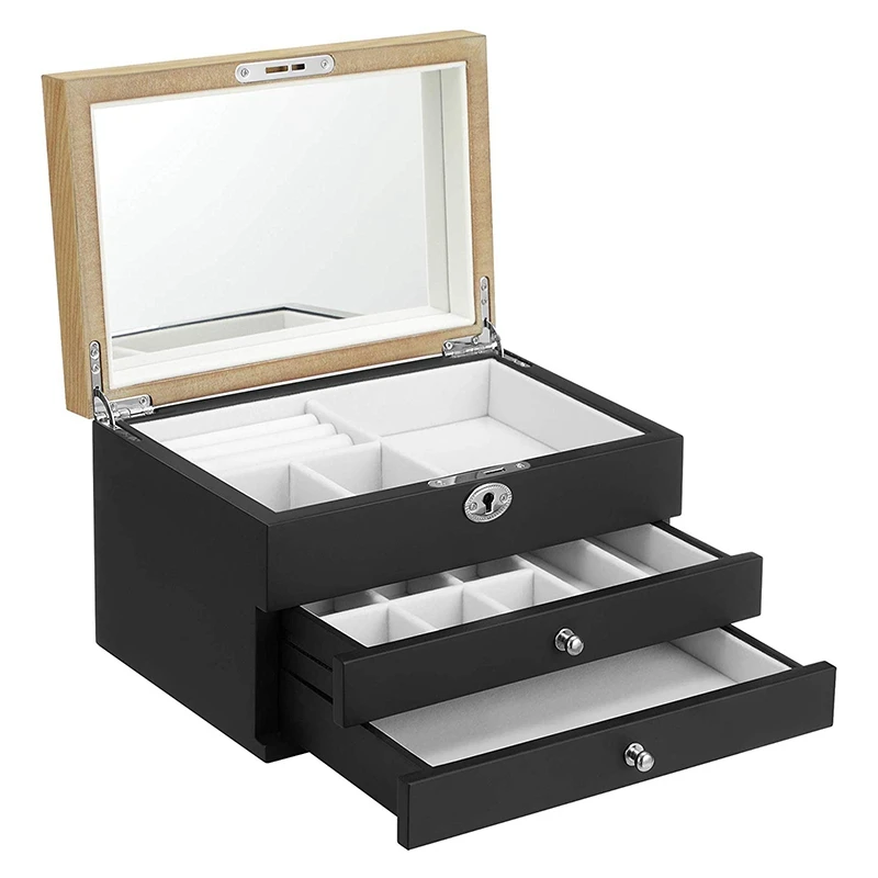 

3-Tier Jewelry Box, Wooden Jewelry Organizer, Jewelry Storage with Drawers, Velvet Lining, Engineered Wood, for Rings, Earrings,