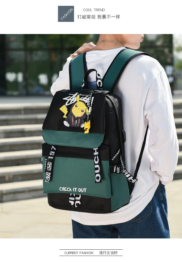 Action Large Pikachu Backpack with USB Charge Line Student Schoolbag Cute Cartoon Pikachu Couple Bags Quality Canvas Bag Gift