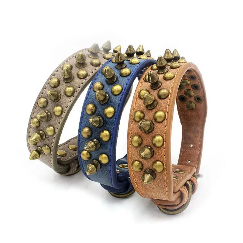 

Dog Collar Anti Bite Necklace Fashion Rivets Dogs Collars PU Pet Neck Ring Metal Buckle Dogs Collars Pet Supplies Bronze vintage