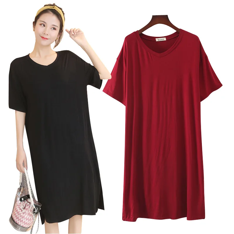 

2019 Summer New Style Short-sleeve Dress Women's Loose And Plus-sized V-neck Korean-style Mid-length Skirt Slit One-step Skirt