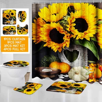 

Sunflower Nature Landscape Waterproof Bath Shower Curtain Rug Set Non-slip Bath Mat Toliet Cover Polyester Shower Curtain