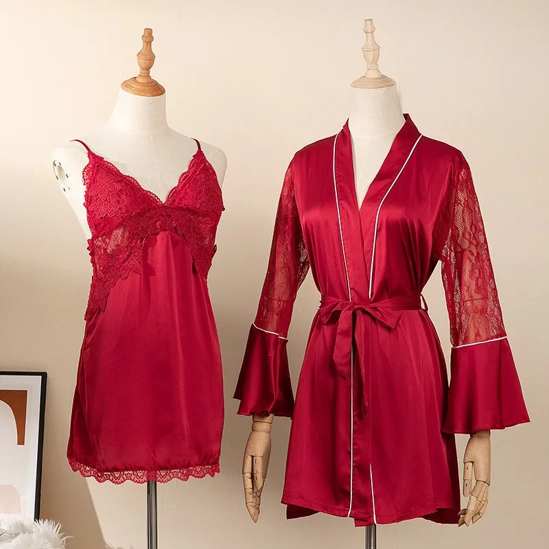 SEXY Women Lace Satin Patchwork Nightwear Casual Kimono Robe Set Summer New Short Home Clothing Sleepwear Intimate Lingerie