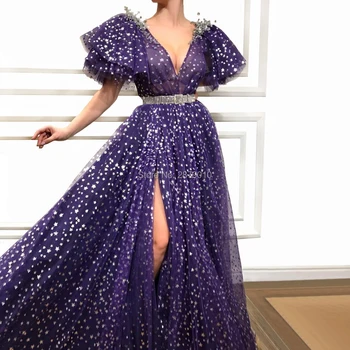 

A-Line V-Neck Purple Tulle Evening Dress Short Sleeves The Leg Split Formal Dress Full-Length Beaded Sash Metal Spraying Custom