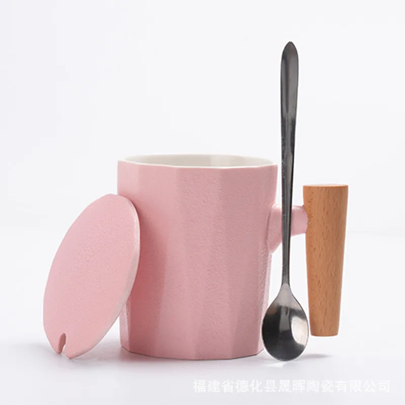 Pink ceramic cover 350 мл керамическая чашка с деревянной ручкой, кружка, простая чашка для воды, чашка для молочного кофе, ложка с крышкой - Цвет: Pink ceramic cover