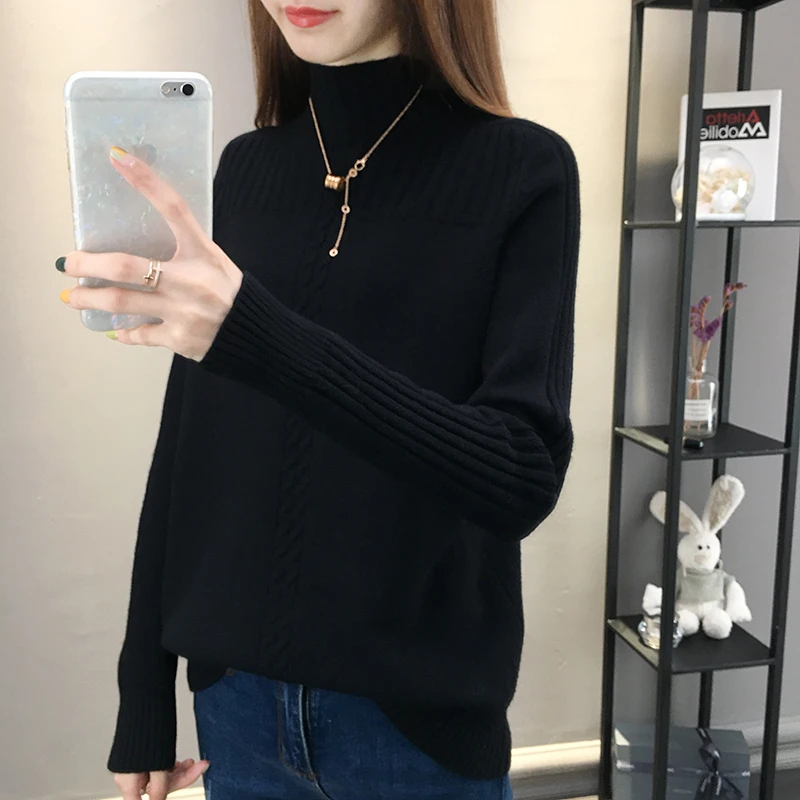 black sweater Зимний теплый красный пуловер с высоким воротом, Женский вязаный свитер, Осенний женский элегантный тонкий корейский свитер, осенние женские вязаные топы - Цвет: black sweater