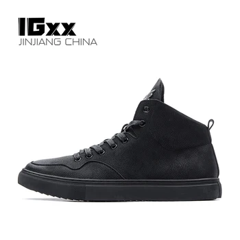 

IGxx High Top Ankle Boots For Men Punk Metal Casual High Top Shoes Men's Flats Genuine Leather Motorcycle Boots Women Black