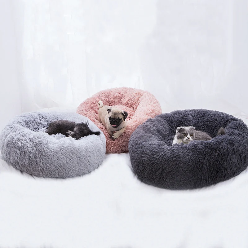 Round Plush Cat Bed House Soft Long Plush Cat Bed Round Pet Dog Bed For Small Dogs Cats Nest Winter Warm Sleeping Bed Puppy Mat