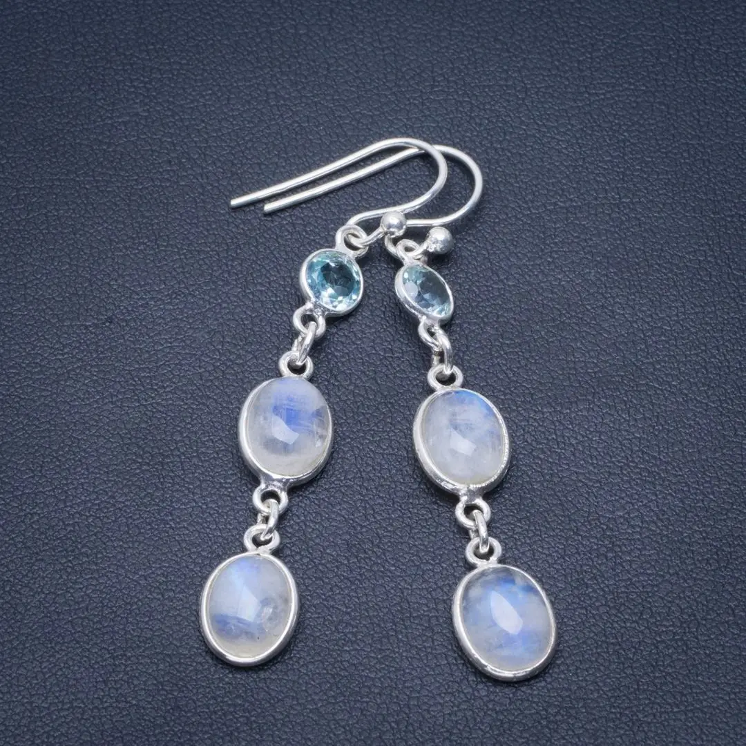 

Natural Rainbow Moonstone and Blue Topaz Handmade Unique 925 Sterling Silver Earrings 2" B2646