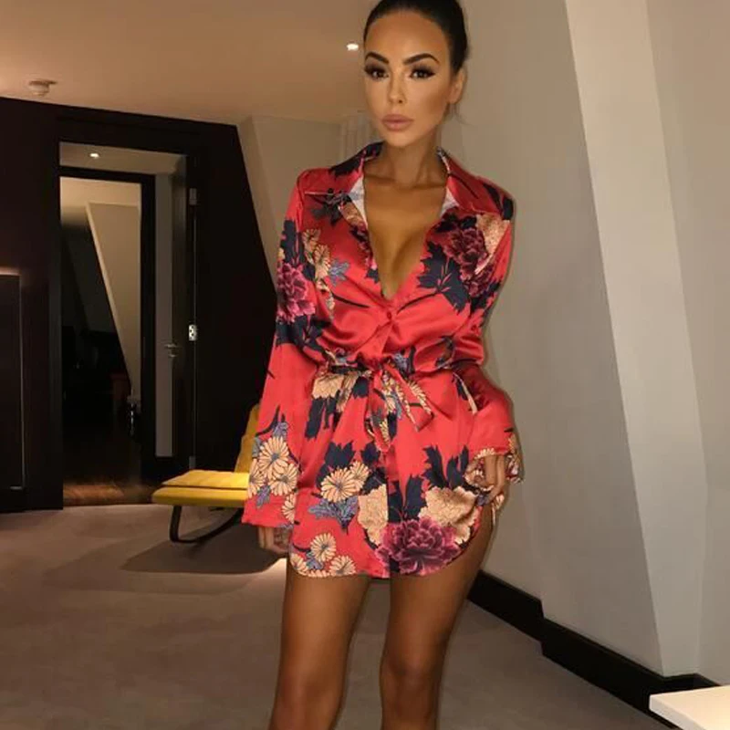 Summer Sexy Women Silk Satin Shirt Dress Ladies Print Floral Long Sleeve Loose Short Mini Dresses Beach Party Dress