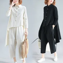 Casual Women Set 2 Two Piece Set Loose Irregular Long Blouse Shirt Top and Pants Suits Fashion Cotton Trousers Outfits Clothes