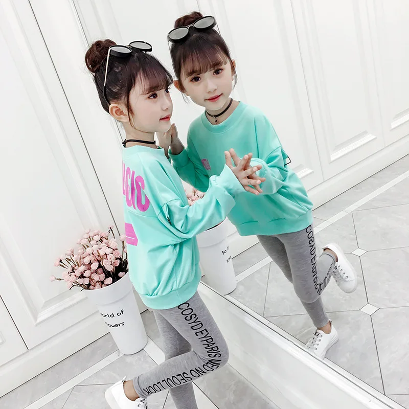 

2019 Autumn New Products Childrenswear Korean-style Girls Sweet Lettered Set Big Boy Tops Leggings Two-Piece Set