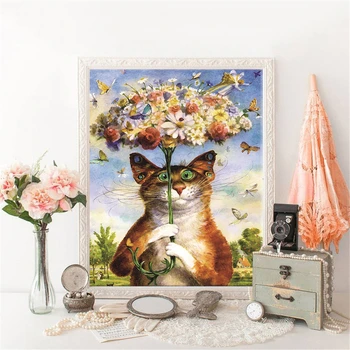 

HUACAN Embroidery Cat Animal Cross Stitch Flower Needlework Sets For Full Kits White Canvas 14CT DIY Home Decor 40x50cm