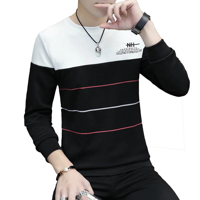 

2020New Men's Fashion Solid Color Long Sleeves Knit T-shirt Mens Loose Slim Fit O-neck Casual Pullovers Slim Fit T-shirt stripe