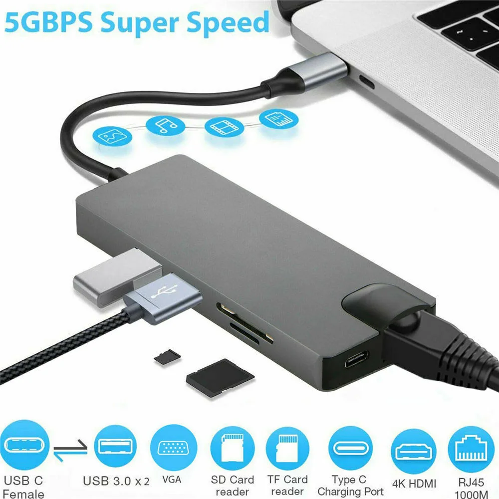 USB C концентратор USB3.0 HDMI VGA RJ45 Gigabit Ethernet SD/TF порт конвертер 8 в 1 и высококачественный