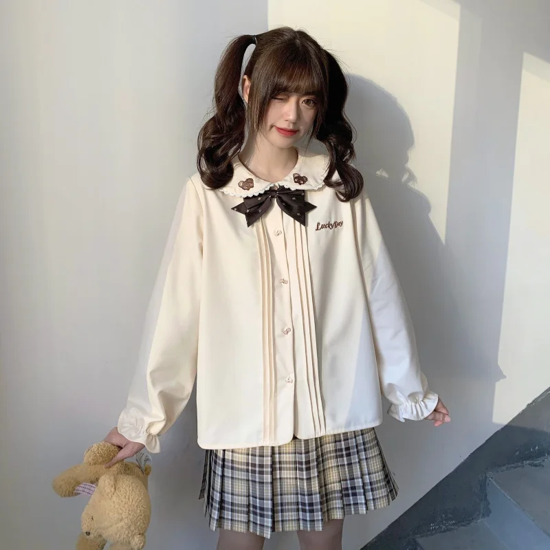 

Japanese Cute Embroidered Teen Girls JK Long Sleeve Blouse Autumn Casual Lovely Baby Collar Cotton Women Shirt Kawaii Clothes