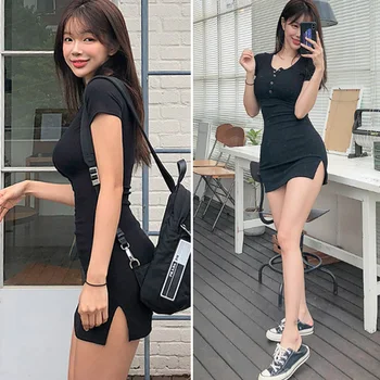 

new buttons Summer Dress Black white Short Sleeve mini Dress Women Casual Slim High Elastic Bodycon Sexy Party Dresses Vestidos