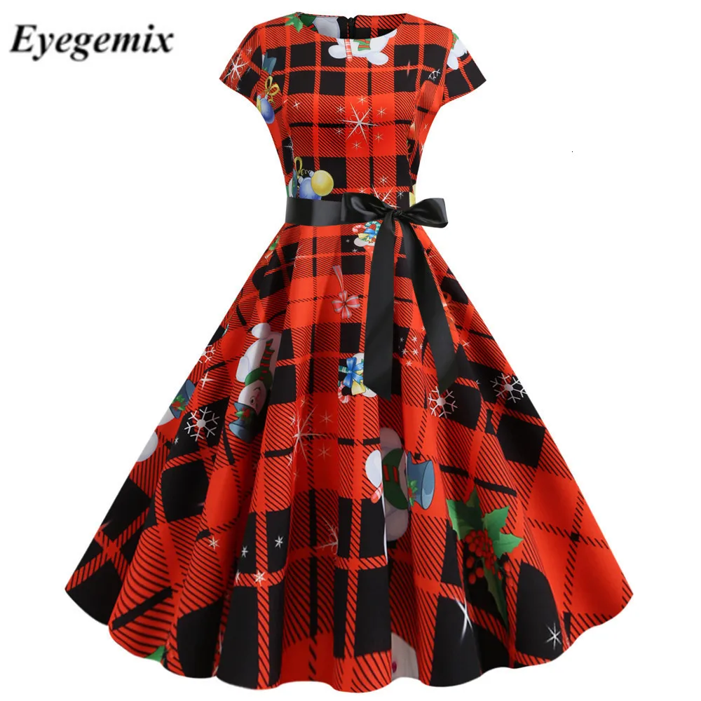 

Size Christmas Dress Red Plaid Printing Elegant Vintage Party Vestidos 2019 Women Short Sleeve Casual Pin Up Midi Dress Robe
