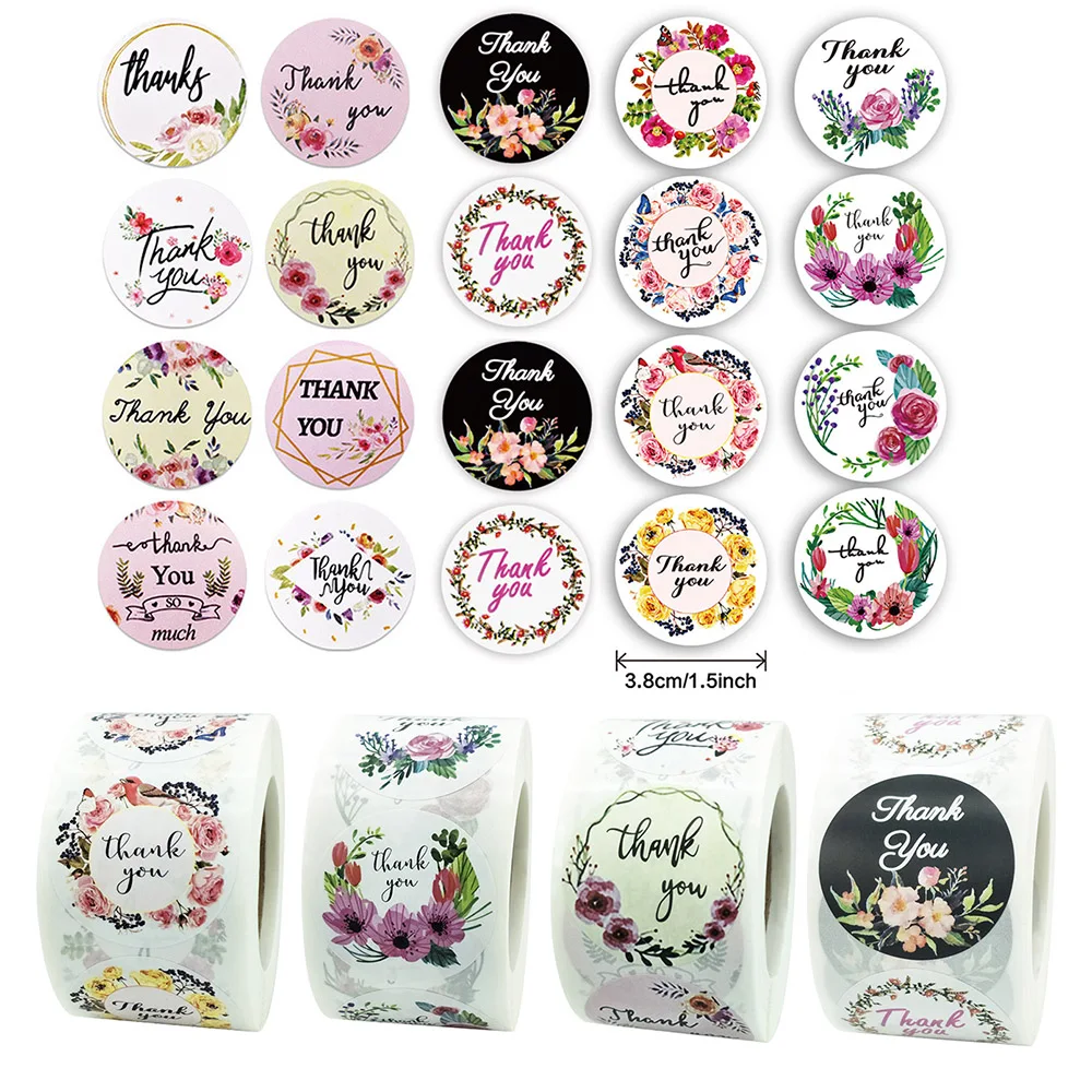 

500Pcs/roll 3.8CM Floral Thank You Sticker for Party Scrapbooking DIY Decortation Envelope Sealing Label Stationery Stickers