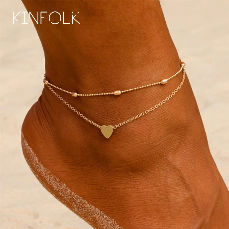 KINFOLK Fashion Simple Gold Heart Female Bracelets Anklets For Women Anklet On Foot Link Jewelry Anklet Bracelet on Leg Chain KINFOLK Fashion Simple Gold Heart Female Bracelets Anklets For Women Anklet On Foot Link Jewelry Anklet Bracelet on Leg Chain