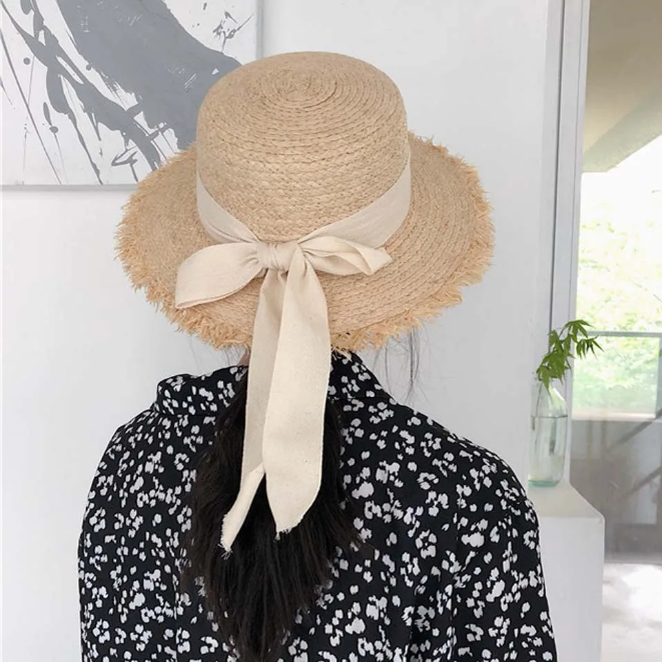 Ручная работа плетеные Raffia солнцезащитные шапки для женщин черная белая лента со шнуровкой соломенная шляпа Открытый пляж летние шапки Chapeu Feminino