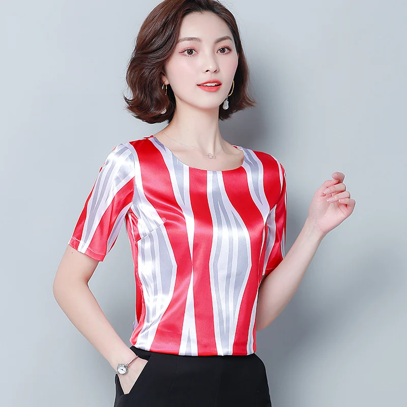 Korean Silk Blouses Women Satin Blouse Tops Woman Short Sleeve Striped Blouses Plus Size Blusas Femininas Elegante Women Tops