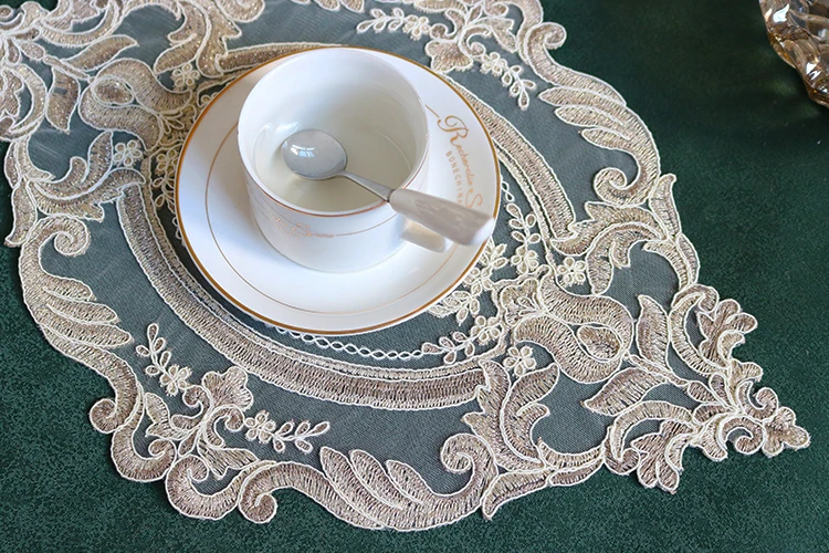 Hfe0090f8d9fb43fe84b191f6508a9efcU Oval 28x42cm European Luxury Lace Embroidered Restaurant Velvet Placemat Small Balcony Coffee Cup Table Mat Vase Pad Coaster Mallzona