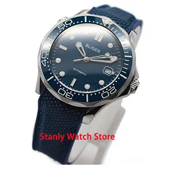 

Luxury Bliger 41mm blue dial ceramic bezel luminous marks sapphire glass date display Miyota 8215 automatic movement men's watch