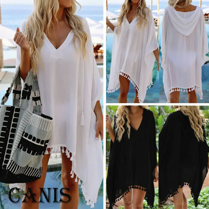Boho прозрачное женское летнее пляжное платье бикини пляжное покрывало с кисточками шифоновое мини-платье с капюшоном белое черное платье для пляжного отдыха