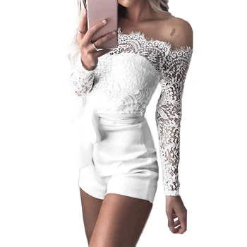 

2019 Women Summer New Elegant Fashion Design Personality All-match Solid Color Off Shoulder Lace Long Sleeve Lace-up Jumpsuits