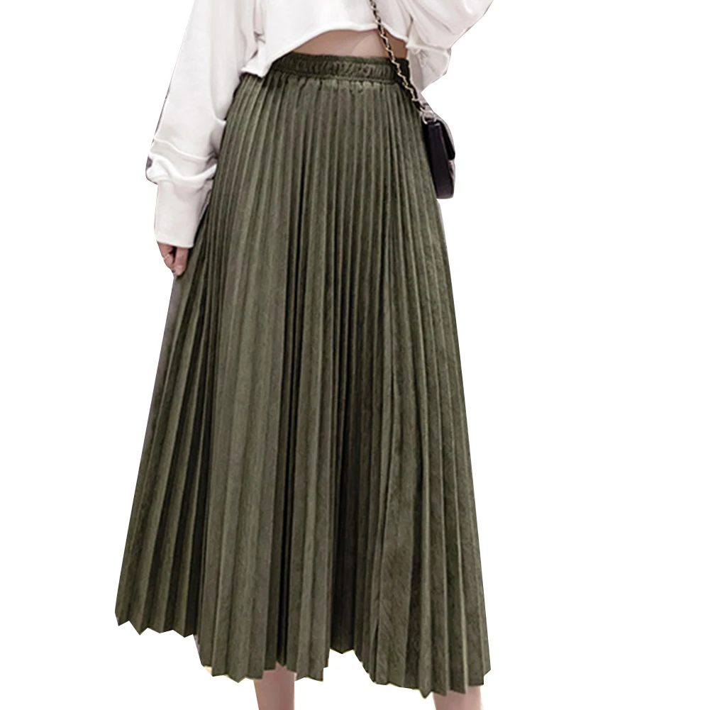 Осенняя Женская длинная Плиссированная Юбка Макси цвета металлик, серебристый цвет, высокая талия, эластичная повседневная юбка, Женская плиссированная эластичная длинная юбка