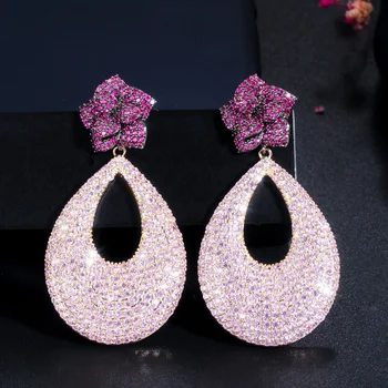 

LUALA Fancy Micro Pave Red Pink Cubic Zirconia Long Big Rose Flower Drop Wedding Earrings for Women Party Jewelry CZ696