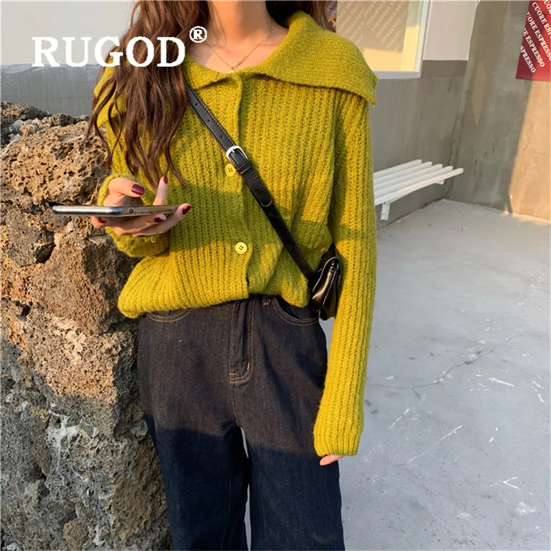 RUGOD Korean New Style Chic Middy Collar Solid Color Knitted Cardigan Long-sleeve Loose Sweater Winter Tops For Women Fashion