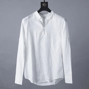 

100%Linen Men Long Sleeve Shirt Solid White Blue Turn-down Collar Pullover Fashion Casual Shirts Y2248