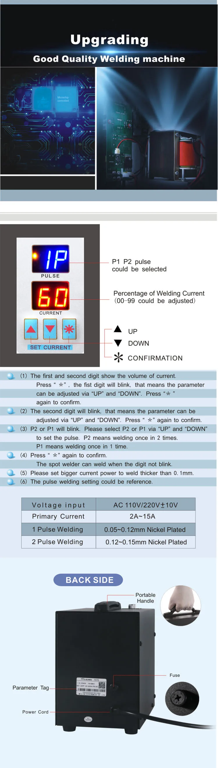 NEW SUNKKO 737G S737G double digital double pulse small battery welding machine English panel battery spot welder