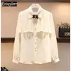 2021 New Year Cute Girls Womens Solid Color Office Lady Ruffled Blouses Formal Button Red White Shirt Ribbon Bow Tie Tops 6