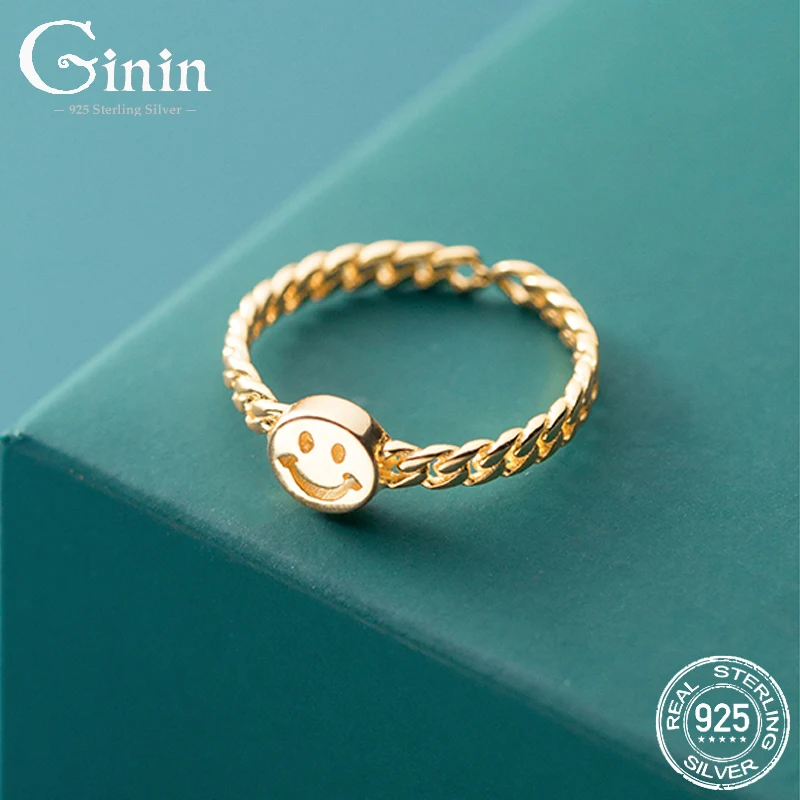 

Ginin 925 Sterling Silver Ring Female Japanese Style Retro Golden Chain Hollow Fun Smiley Face Index Finger Ring Student Jewelry